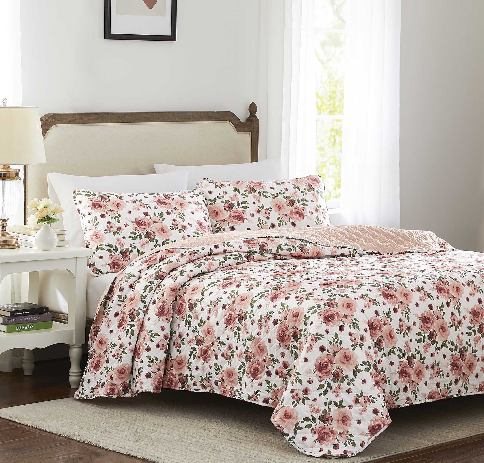 Allison Rose 3pc. Reversible Stitched Quilt Set Queen Open Bag