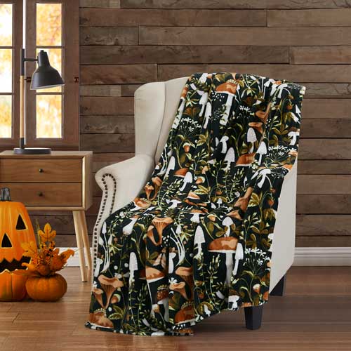 Botanical Mushrooms Printed Flannel Throw 50"x 60"