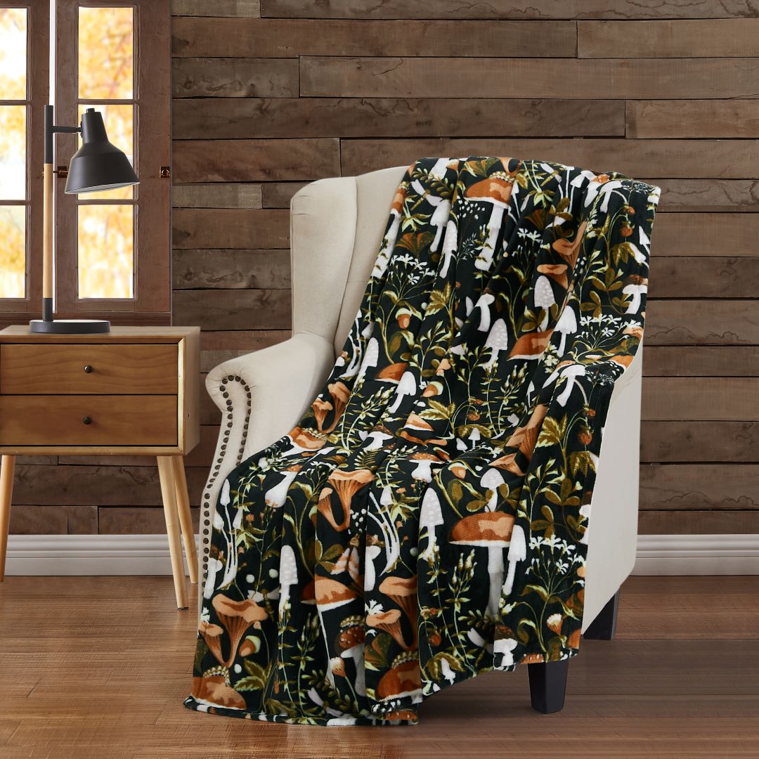 Botanical Mushrooms Printed Flannel Throw 50"x 70"