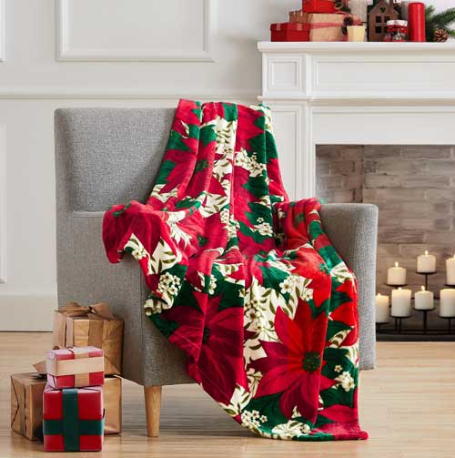 Christmas Flower Poinsettia Printed Flannel Throw 50"x60"
