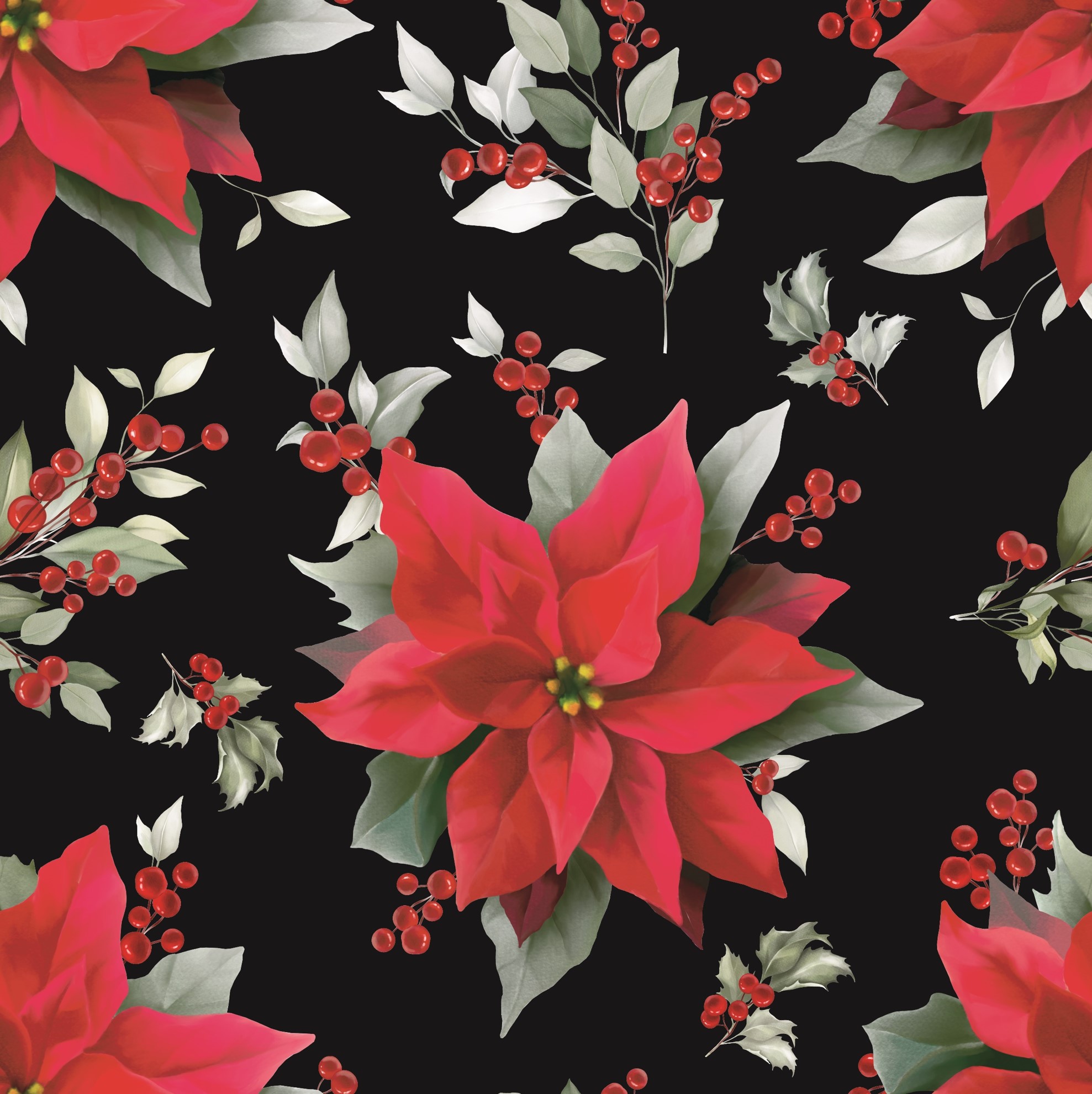 Christmas Holly Poinsettia  50"x 60" Printed Throw Black
