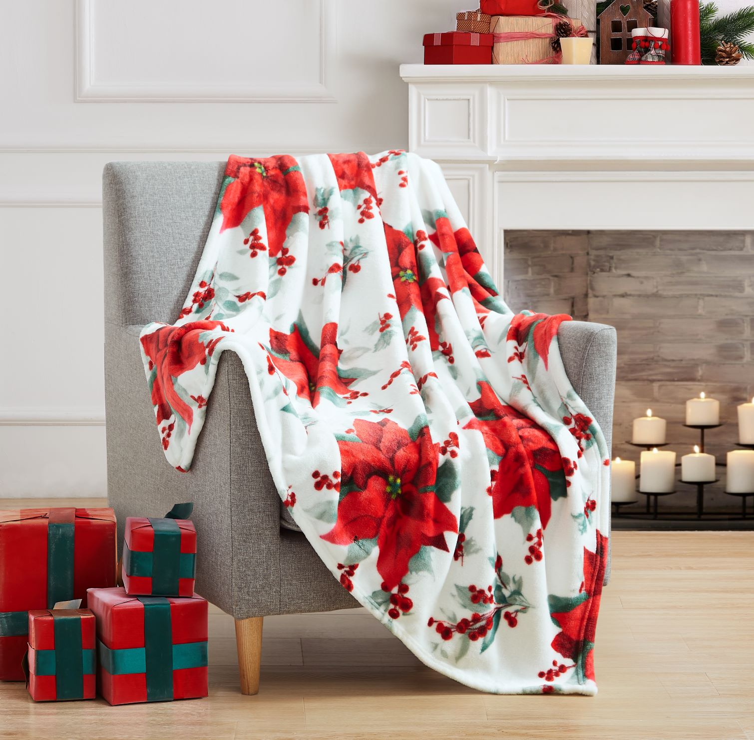Christmas Holly Poinsettia Printed Flannel Throw 50"x60"