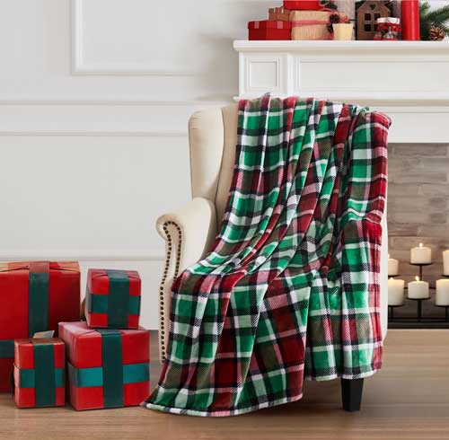 Christmas Joy Plaid Printed Flannel Throw 50"x60"