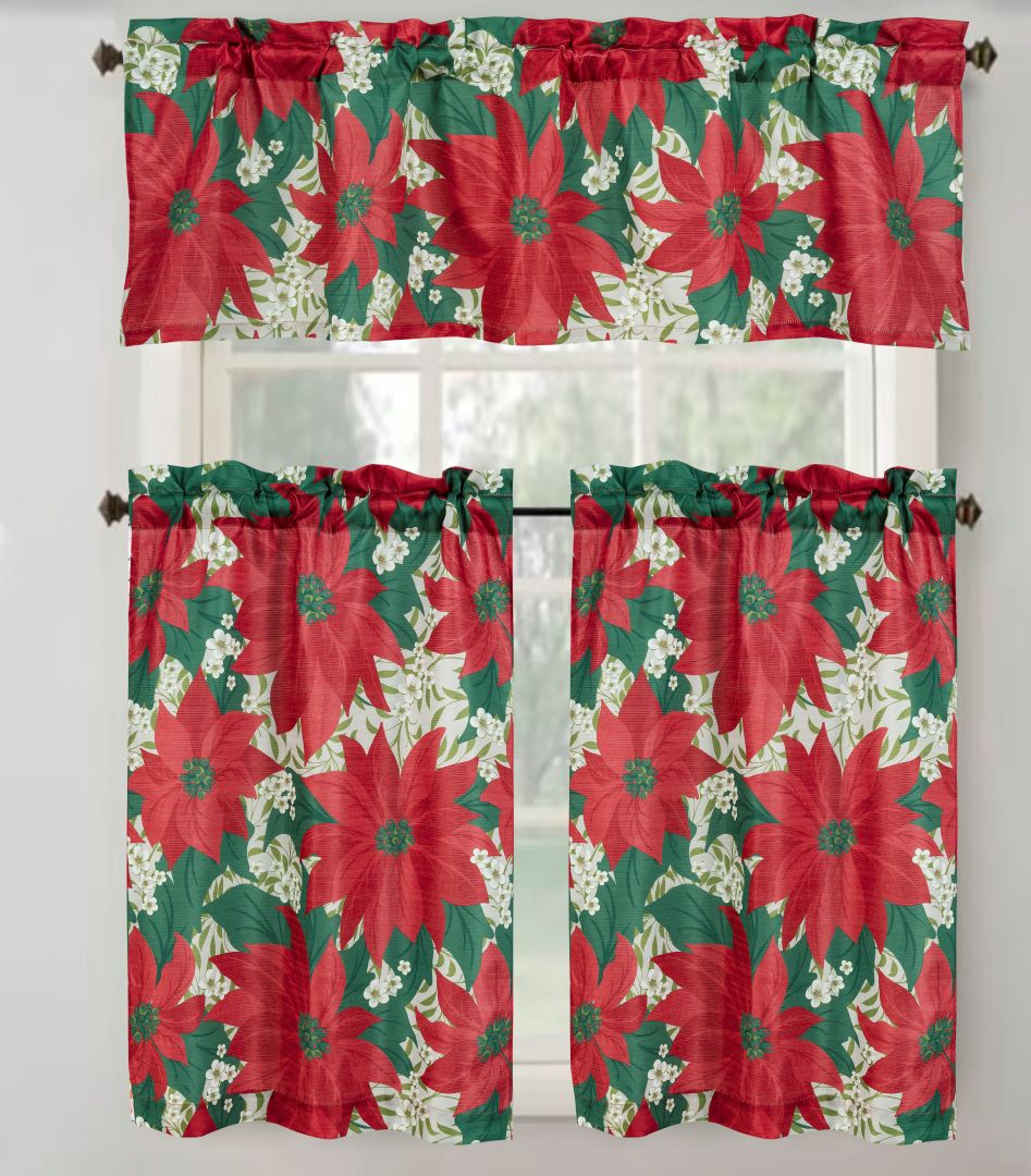Christmas Flower Poinsettia Printed Kitchen Curtain