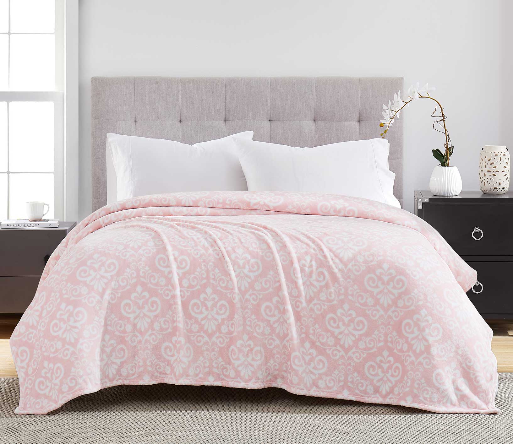 Damask Printed Flannel Blanket 86"/86" Blush