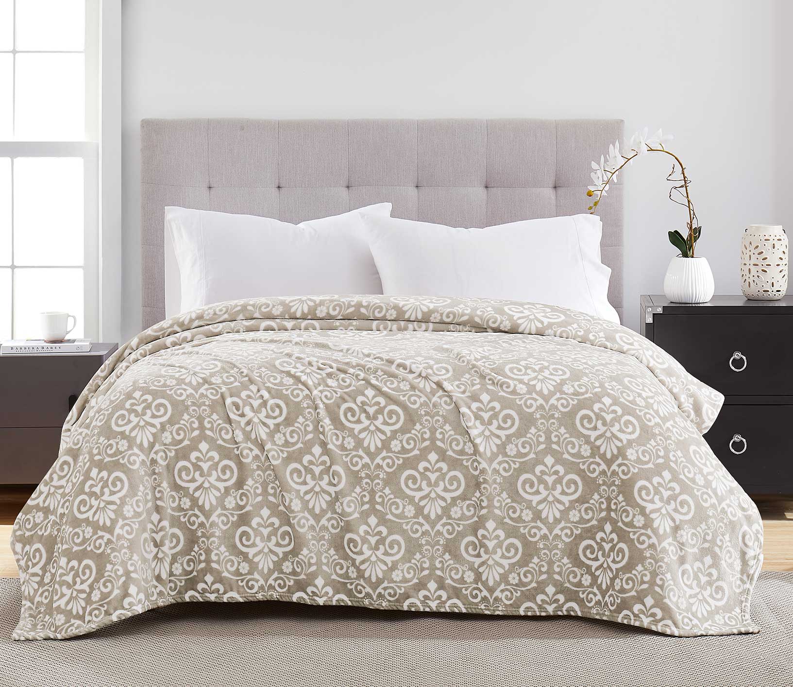 Damask Printed Flannel Blanket 86"/86" Taupe