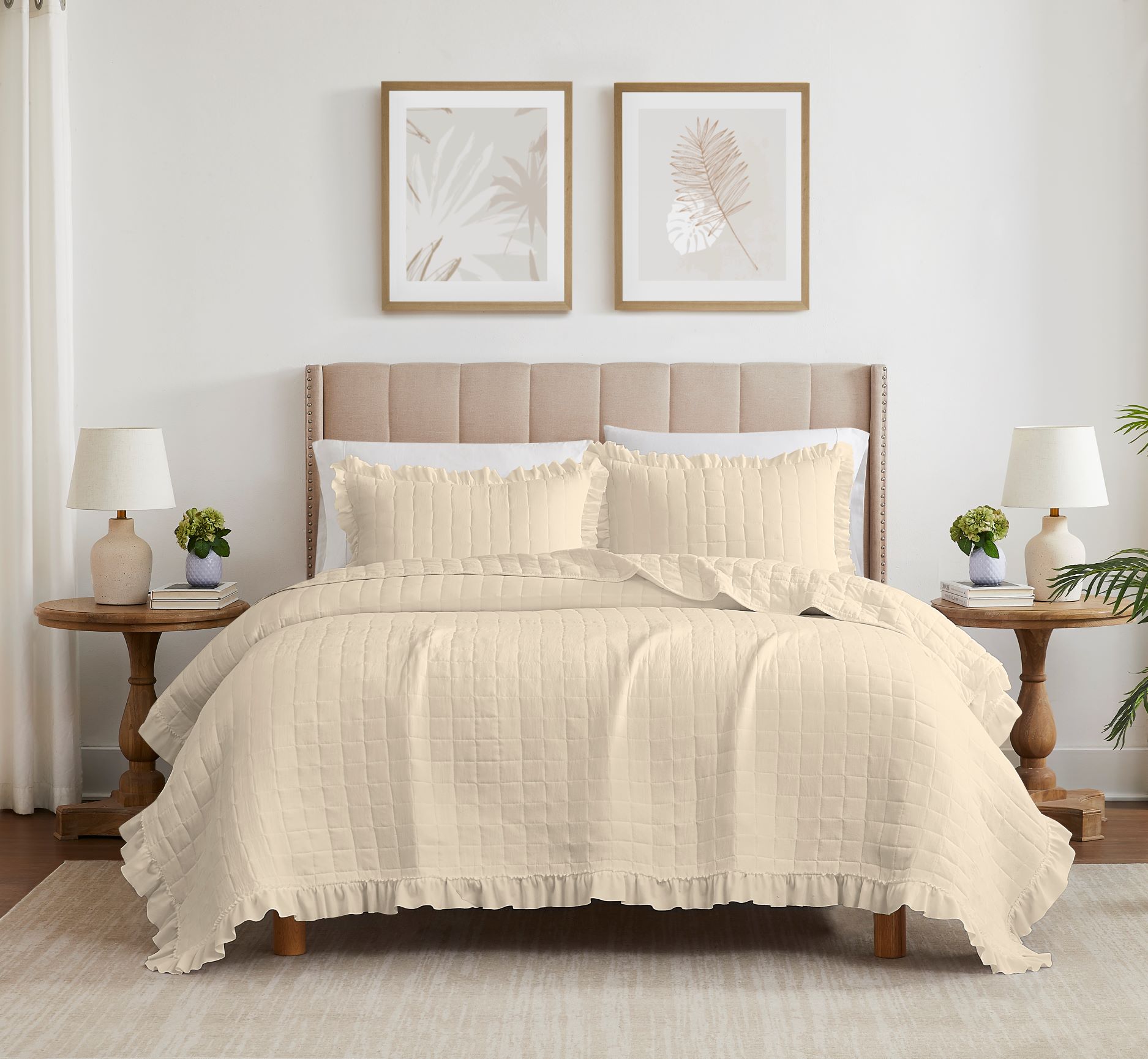 Belina 3pc Washed Stitched Quilt Beige King