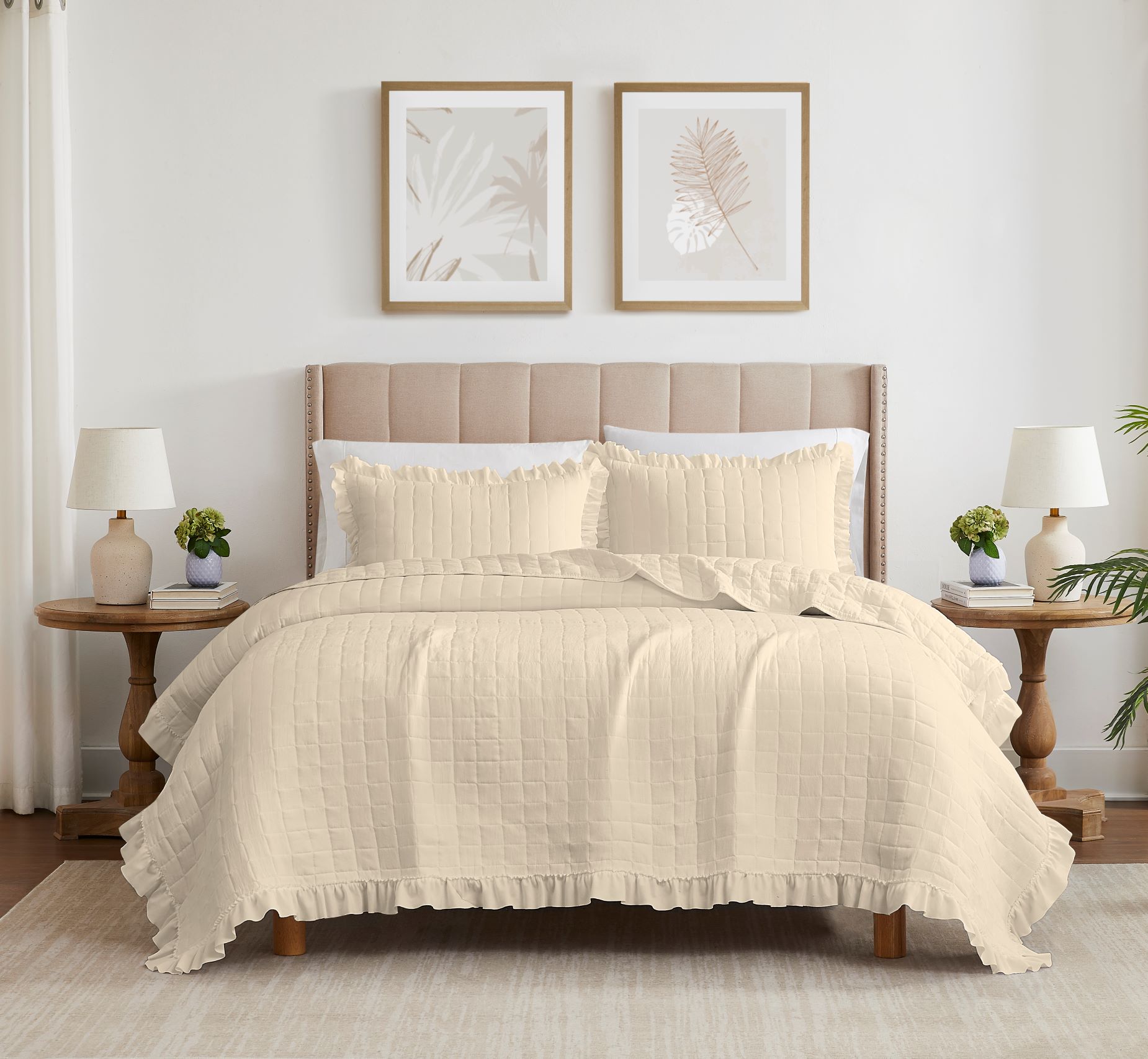 Belina 3pc Washed Stitched Quilt Beige Queen
