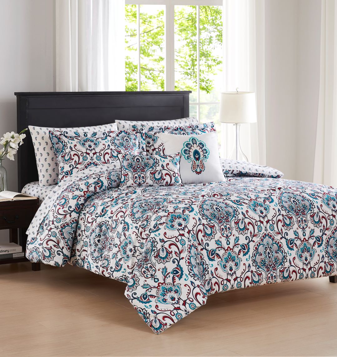 Charlette 9pc Printed Rev Comf Teal Q