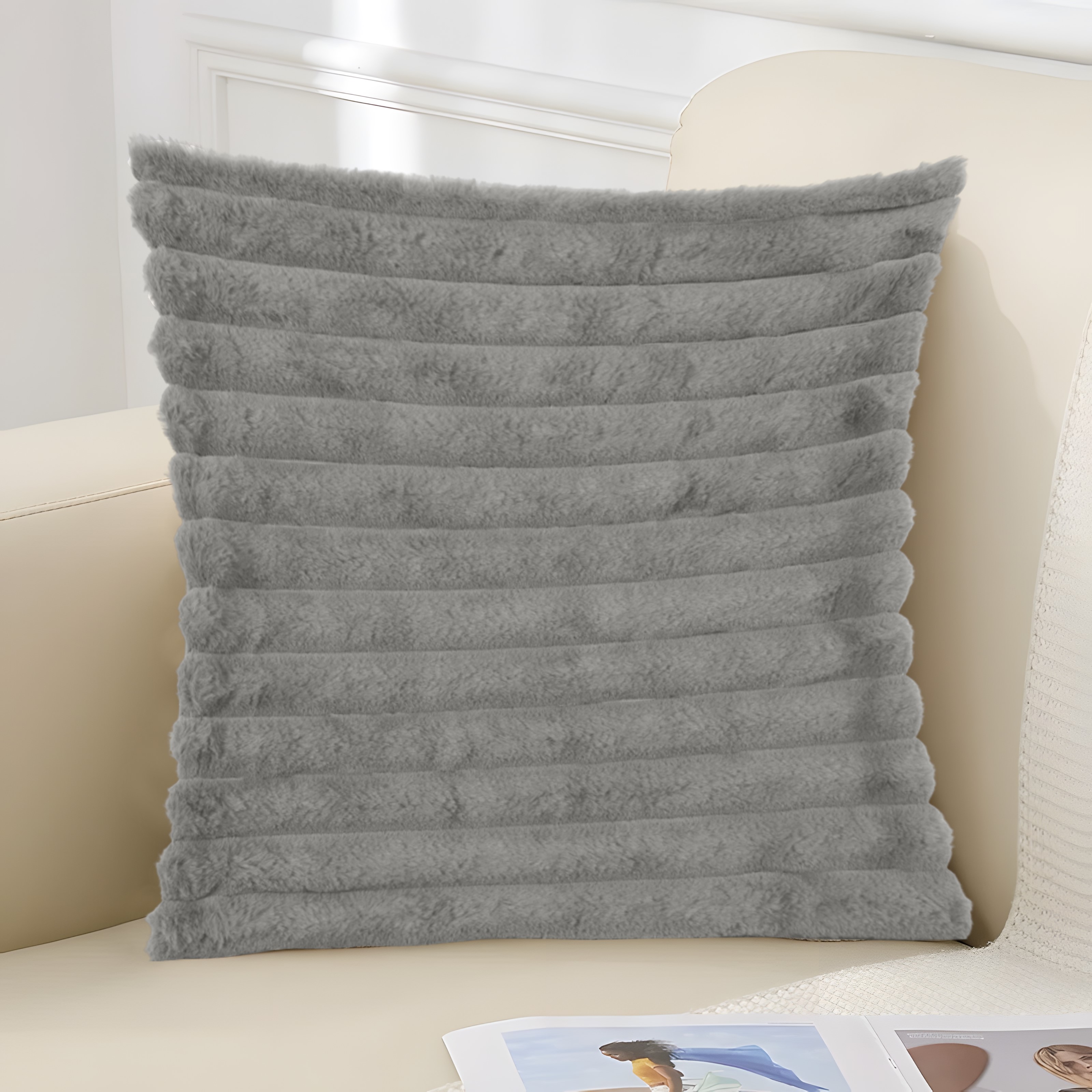 Rabbit Fur Striped Pillow 18x18 Charcoal