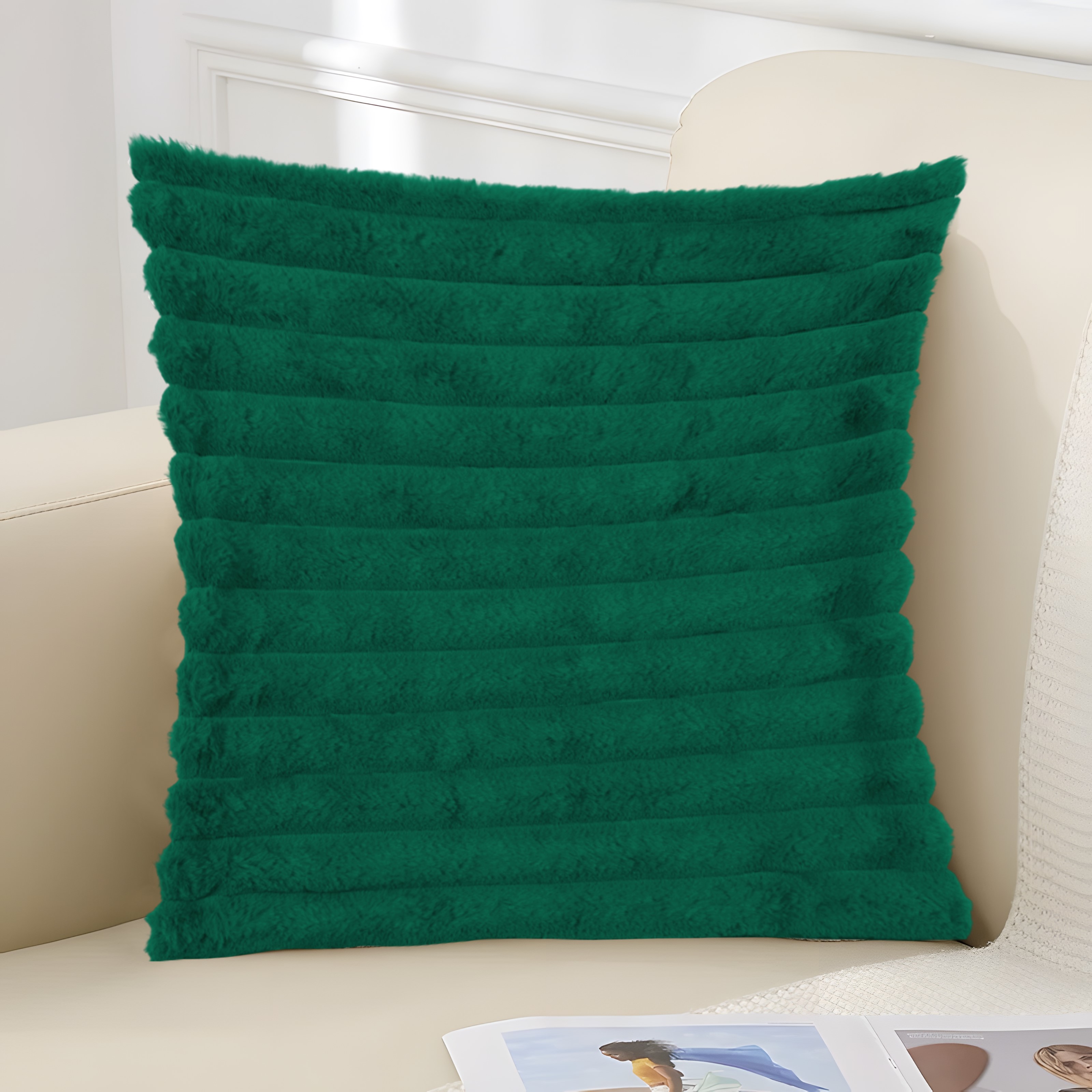 Rabbit Fur Striped Pillow 18x18 Hunter Green
