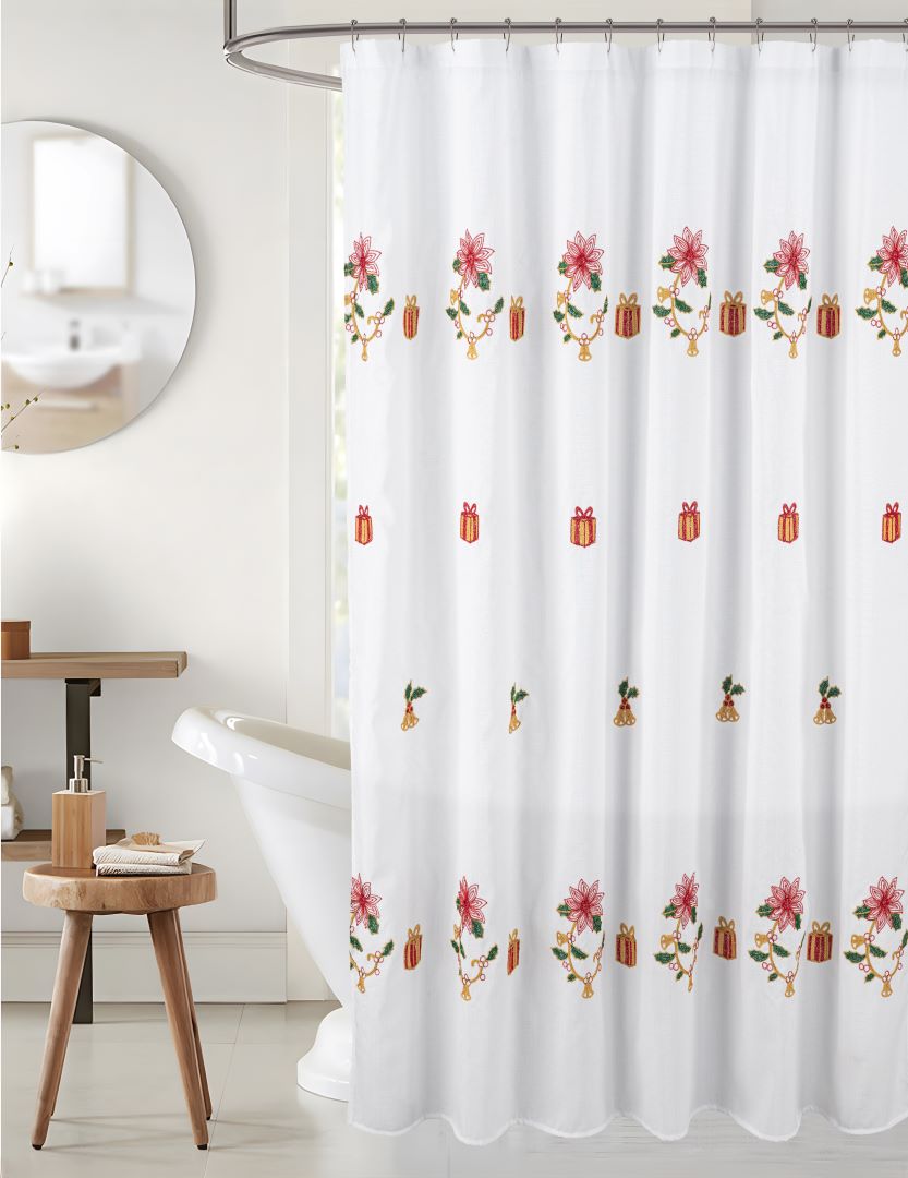 Xmas Gift Poinsettia Emb Shower Curtain