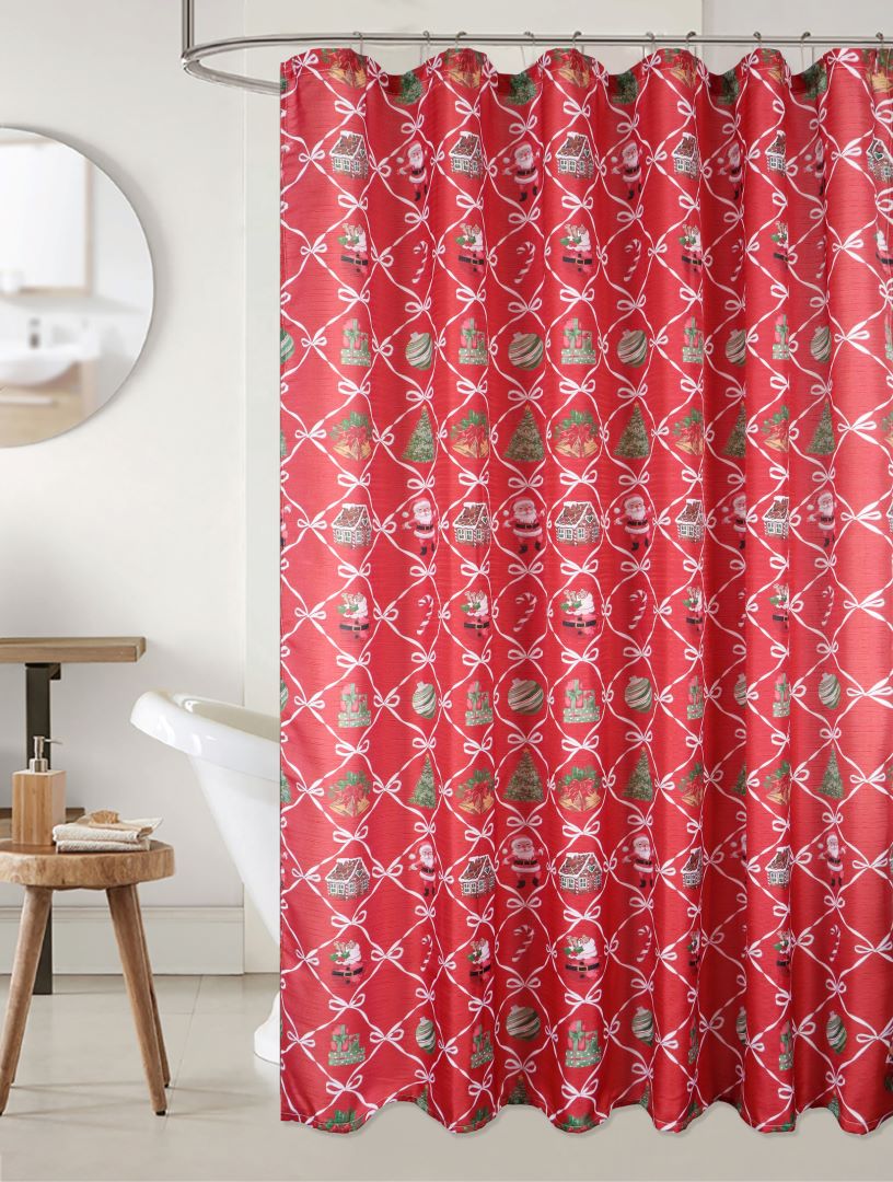 Xmas Motif Bows Slub Shower Curtain