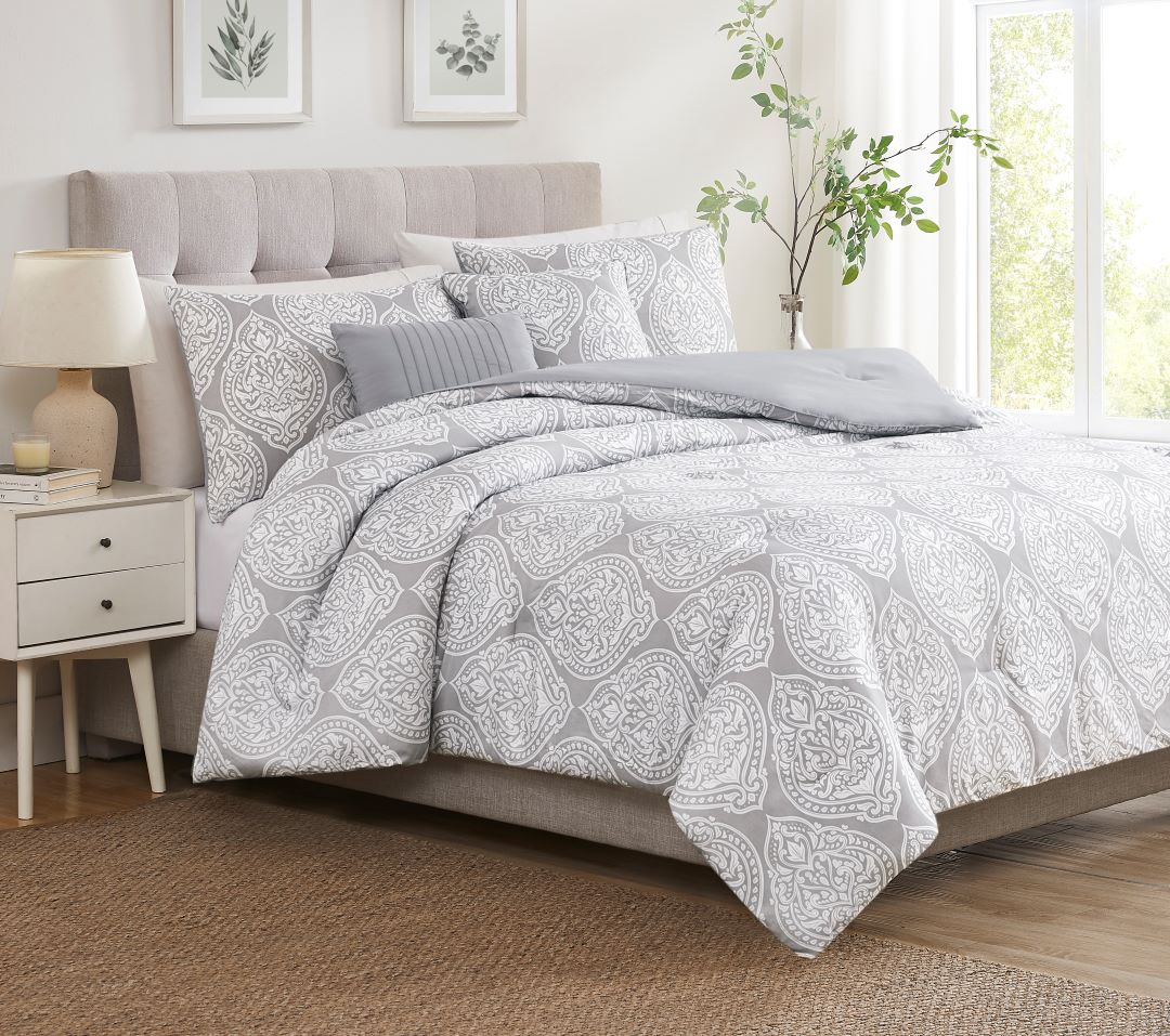 5 Pc Damask Printed Comforter Set Grey Queen
