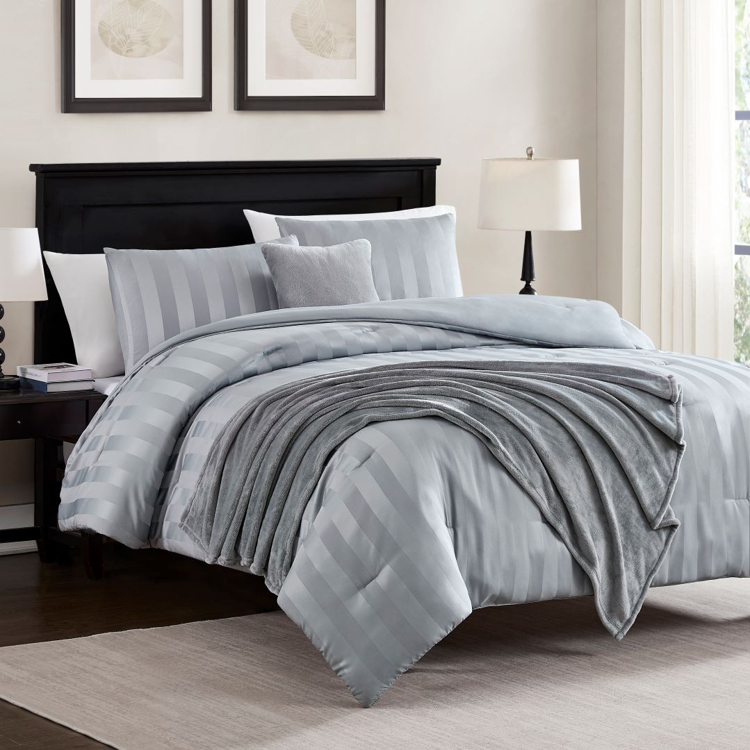 Hampton Satin Stripe 5pc Comforter W/Bonus Throw Q Grey