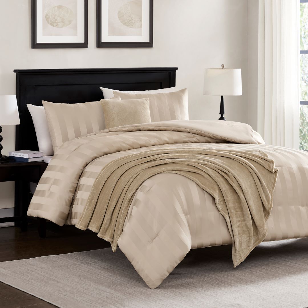 Hampton Satin Stripe 5pc Comforter W/Bonus Throw Q Taupe