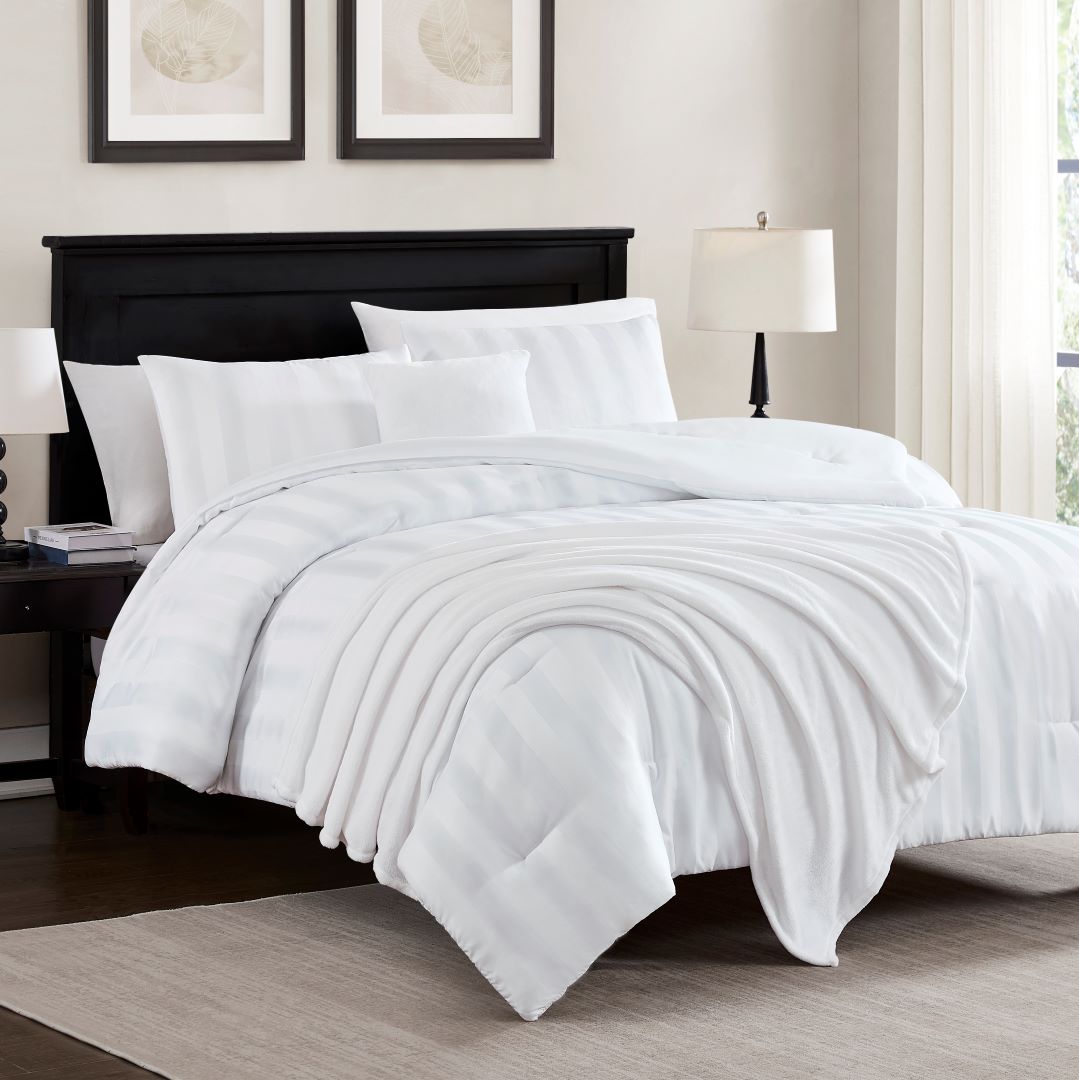 Hampton Satin Stripe 5pc Comforter W/Bonus Throw Q White