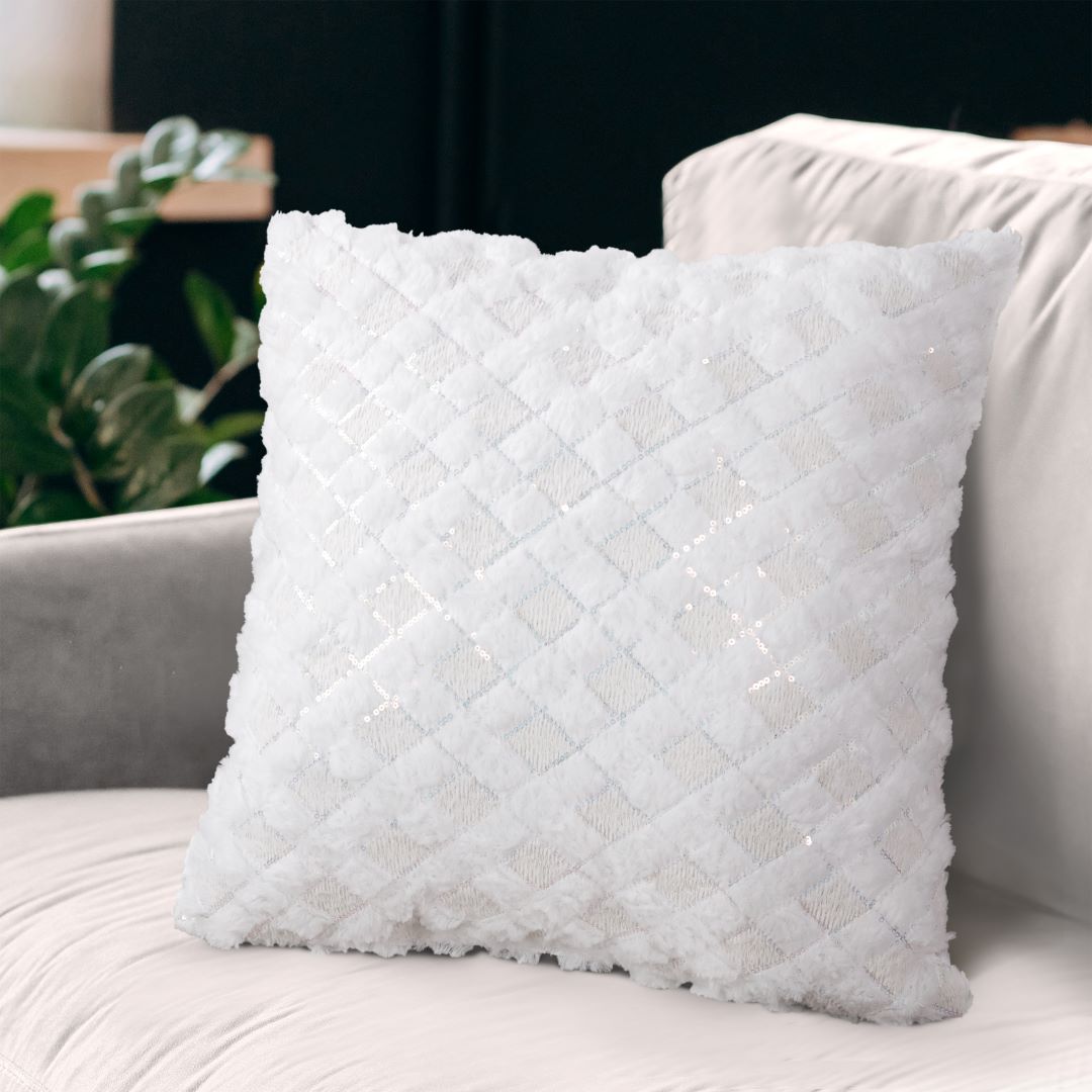 Checker Emb Fur Pillow w/ Seq 18x18 White