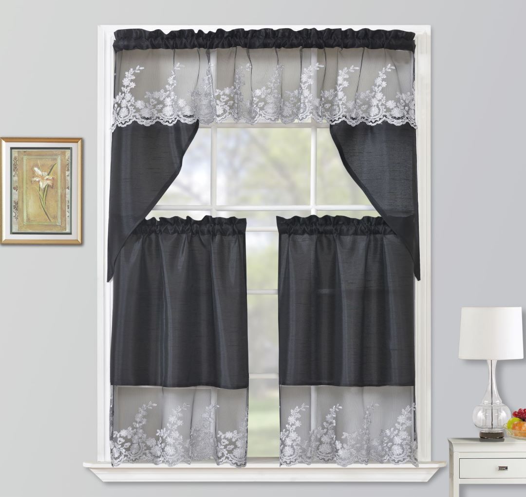 Bethany 3PC Kitchen Tier & Swag Set Black