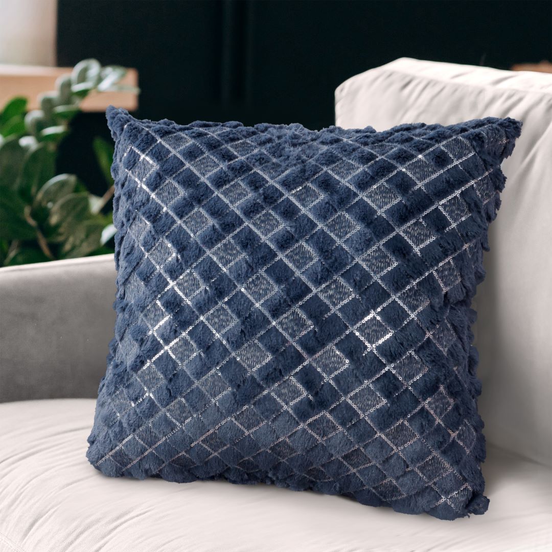 Checker Emb Fur Pillow w/ Seq 18x18 Blue