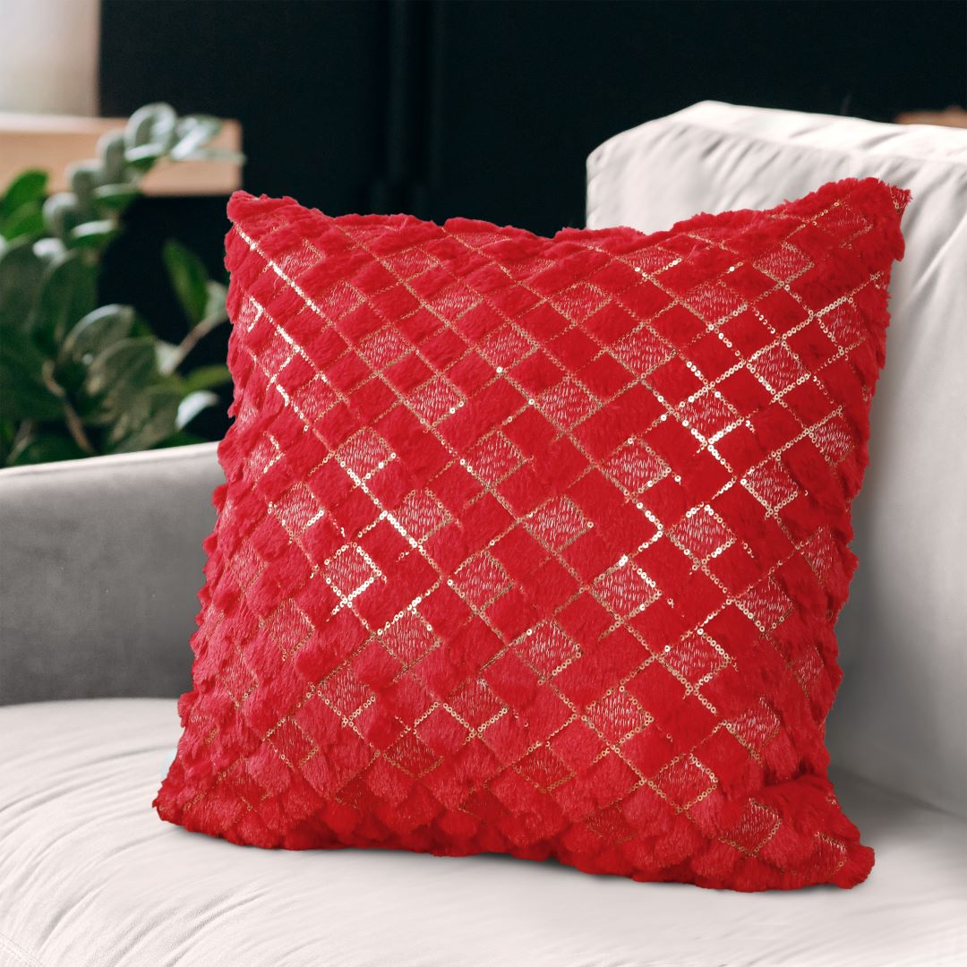 Checker Emb Fur Pillow w/ Seq 18x18 Red