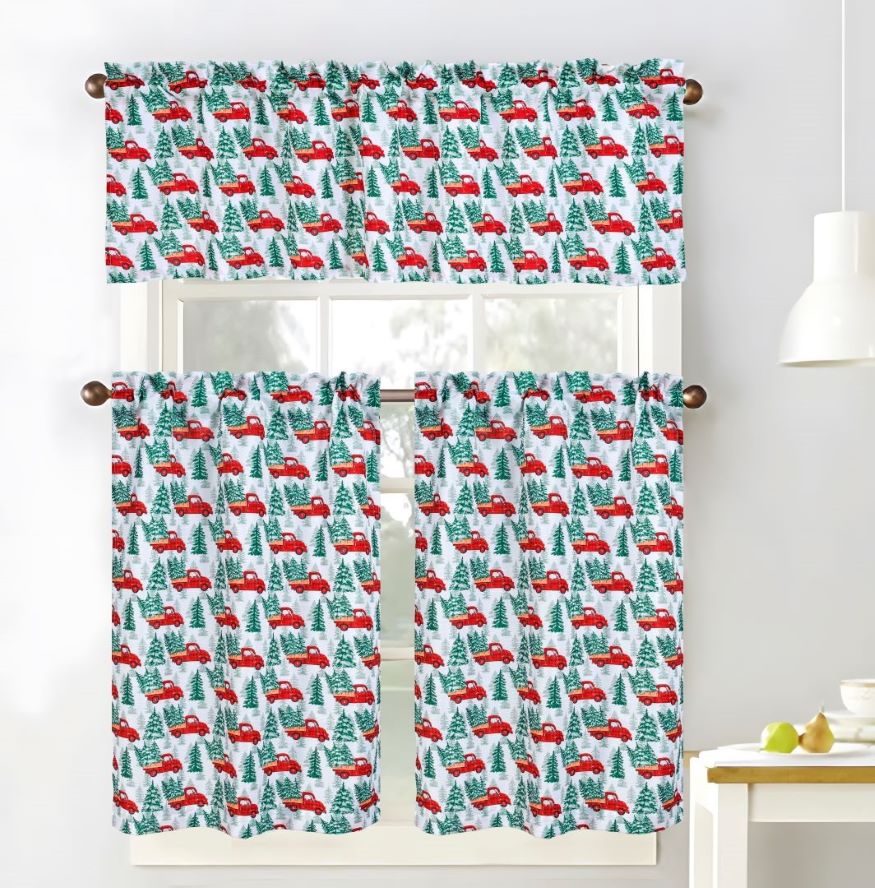 Christmas Plaid Truck Printed Kitchen Curtain
