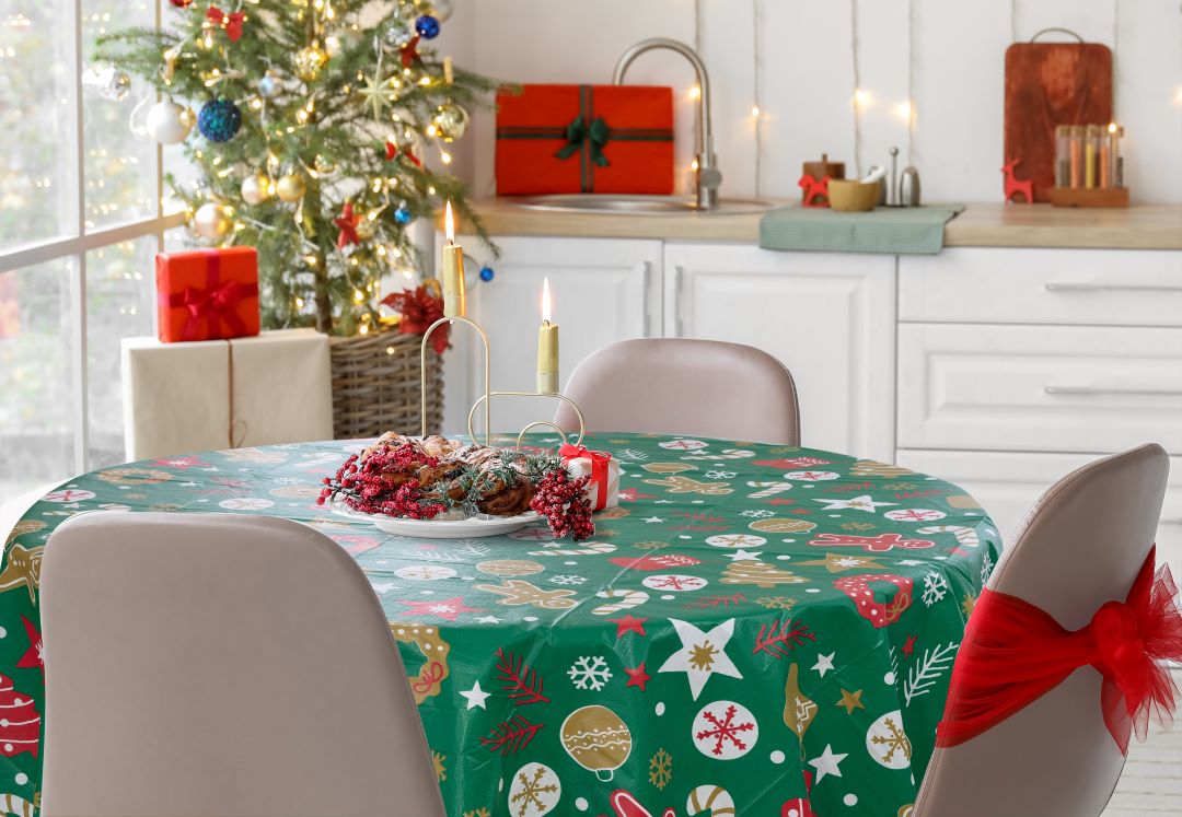 Christmas Peva Table Cloths 70" Round-Assorted