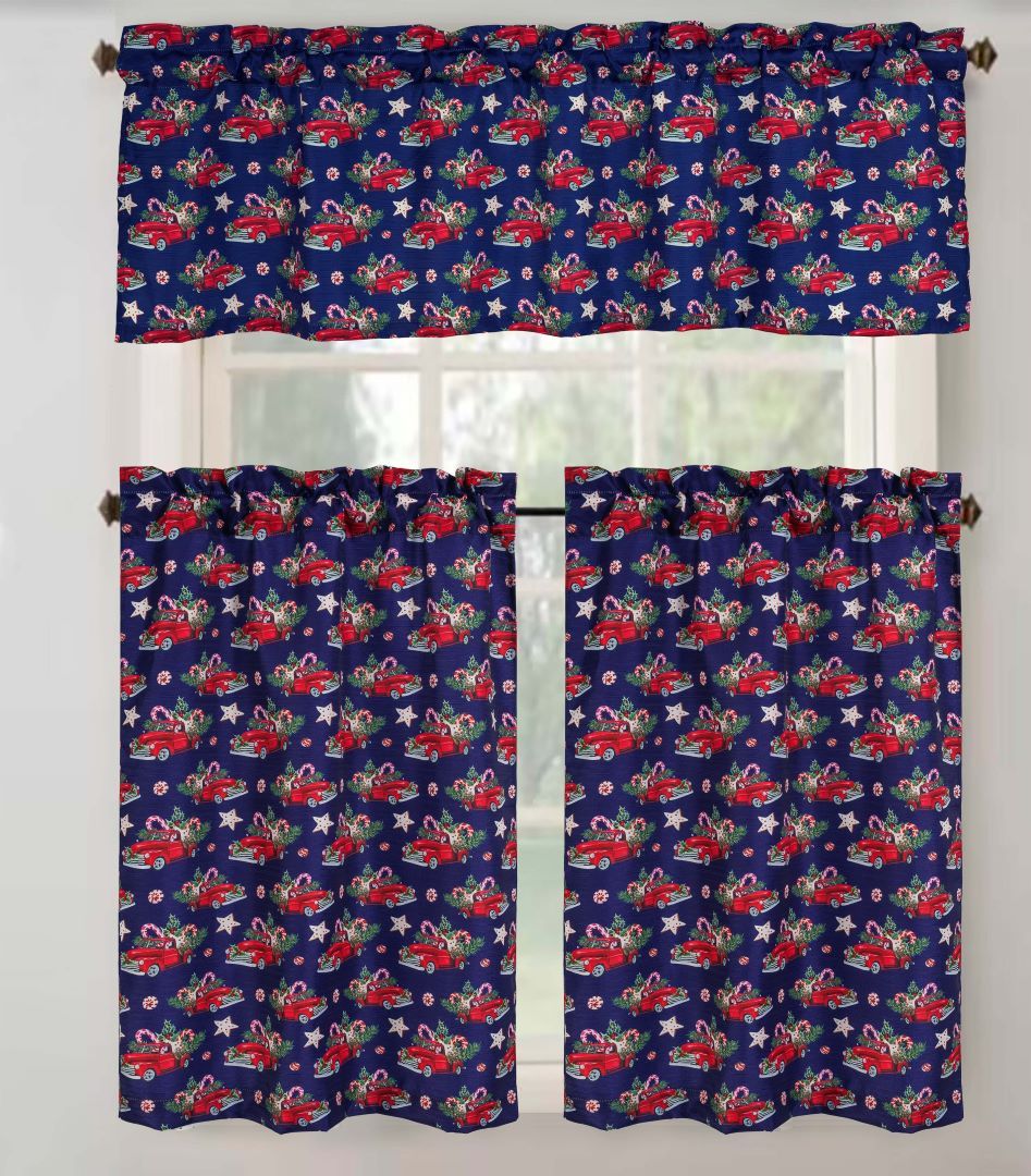 Christmas Truck Printed Kitchen Curtain Navy Blue