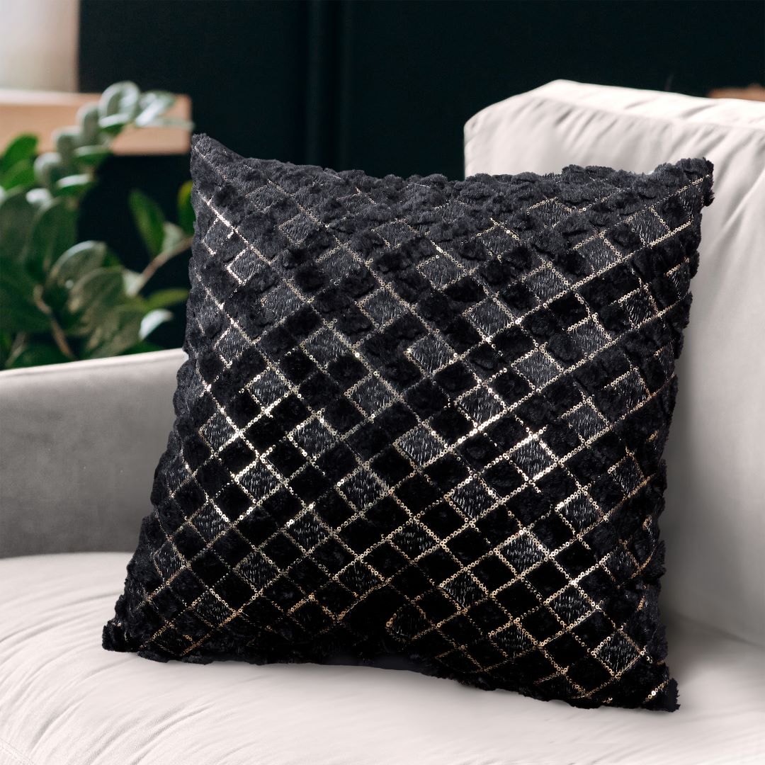 Checker Emb Fur Pillow w/ Seq 18x18 Black