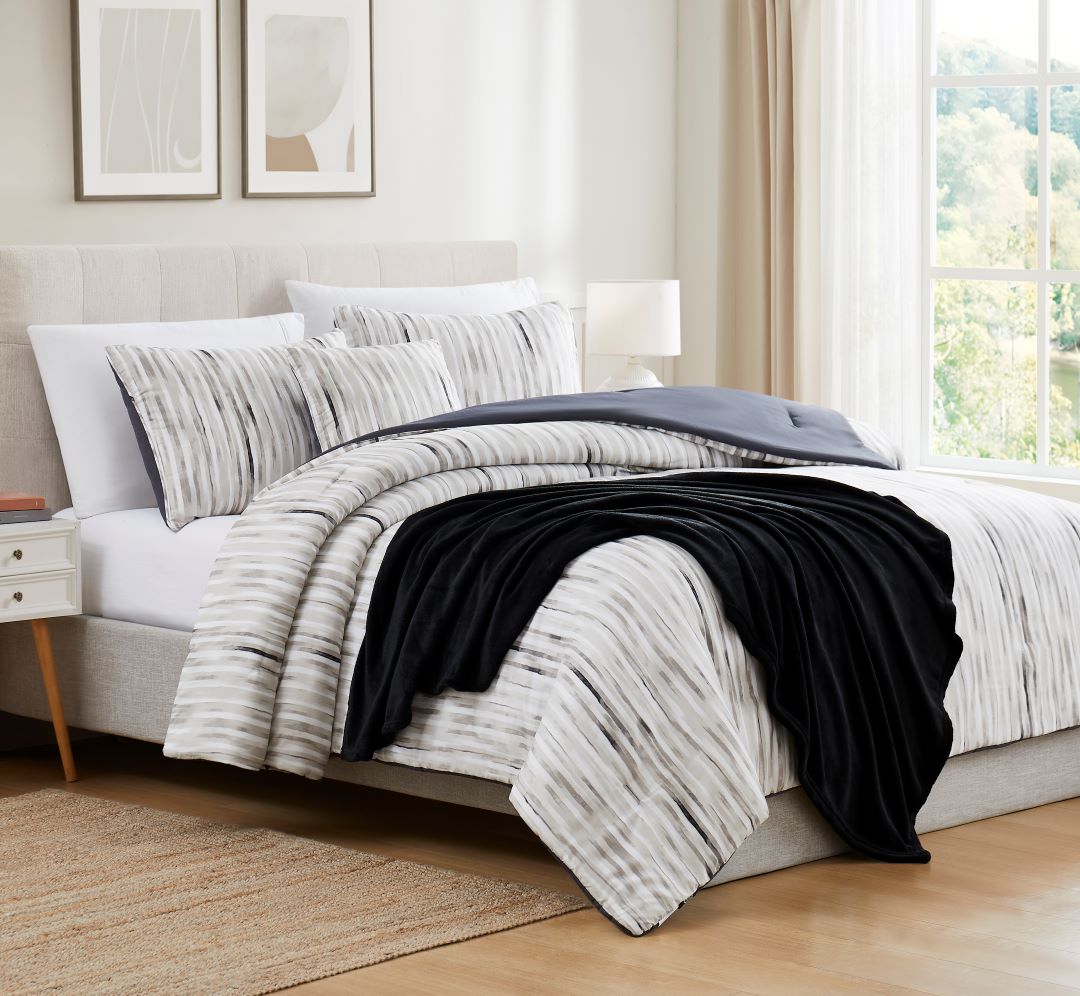 Kyle 5pc Print Comf Grey W/Throw Q