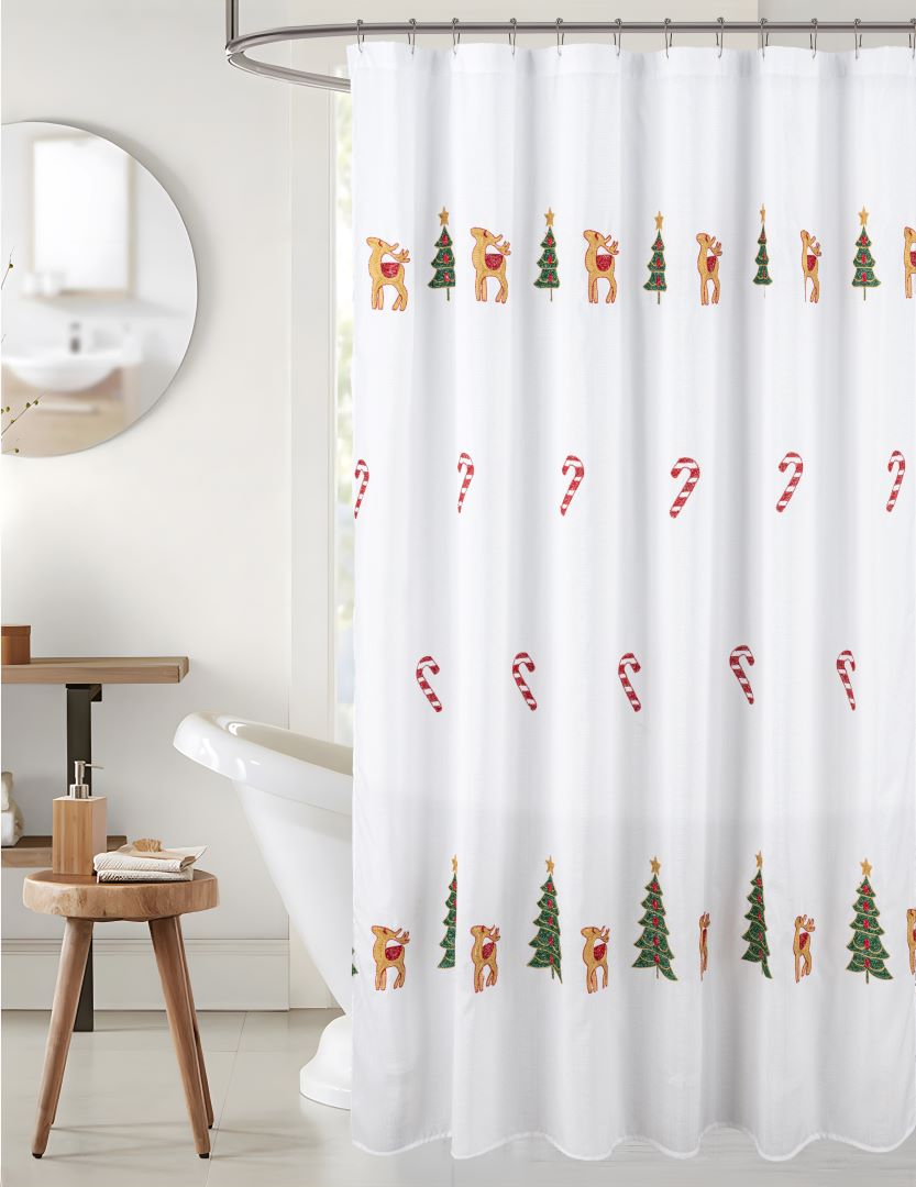 Xmas Tree Reindeer Emb Shower Curtain