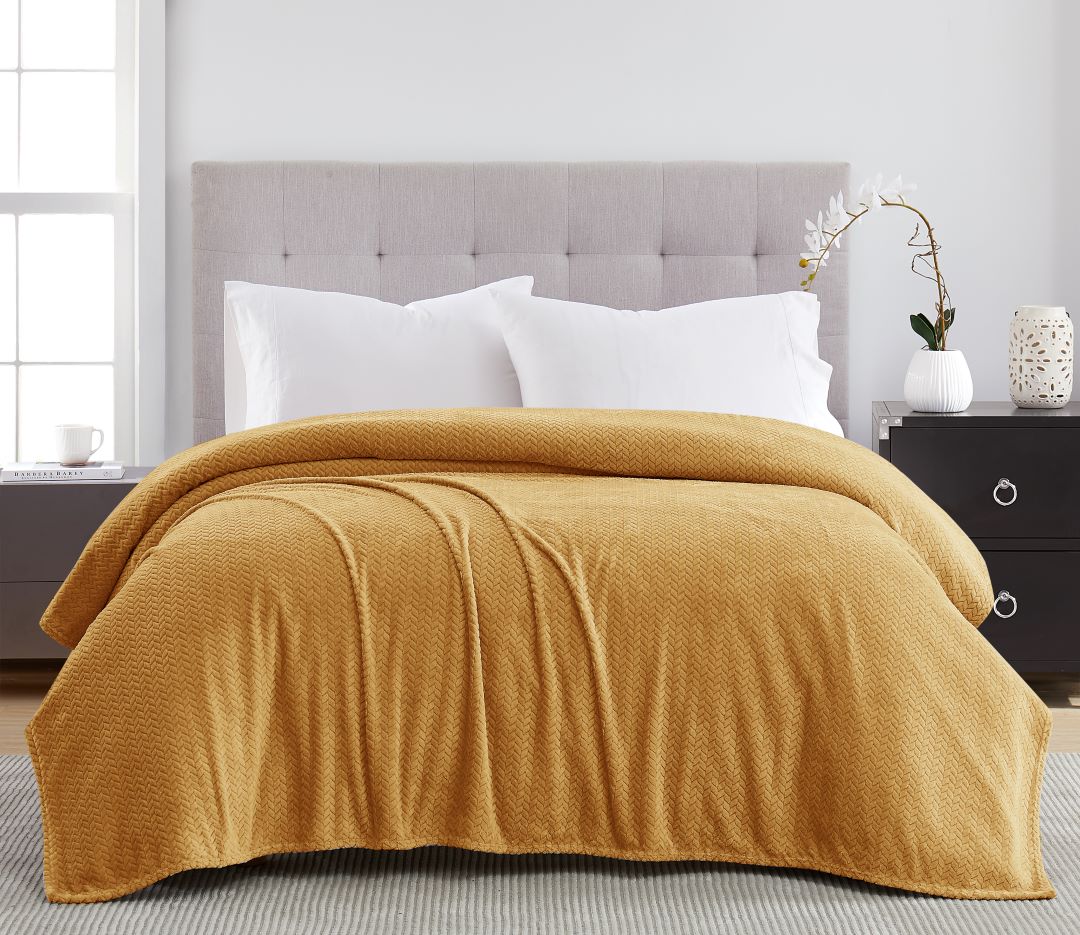 Jacquard Collection Herringbone Blanket 90"x90" Gold Rolled