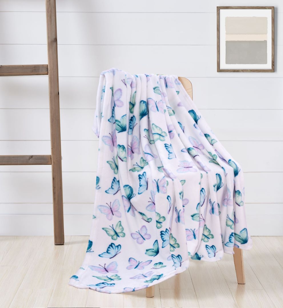 Novelty Blue Butterfly Printed Flannel Throw 50" x 60"