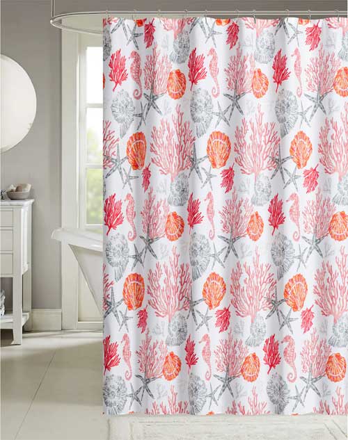 Coastal Shell Printed Shower Curtain Coral