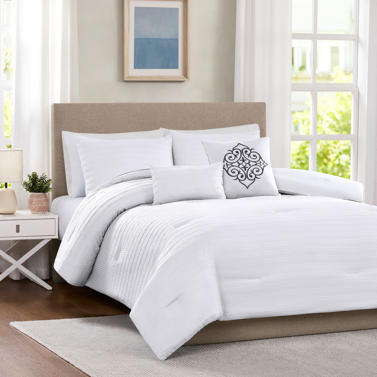 5Pc Waffle Comforter  Queen White