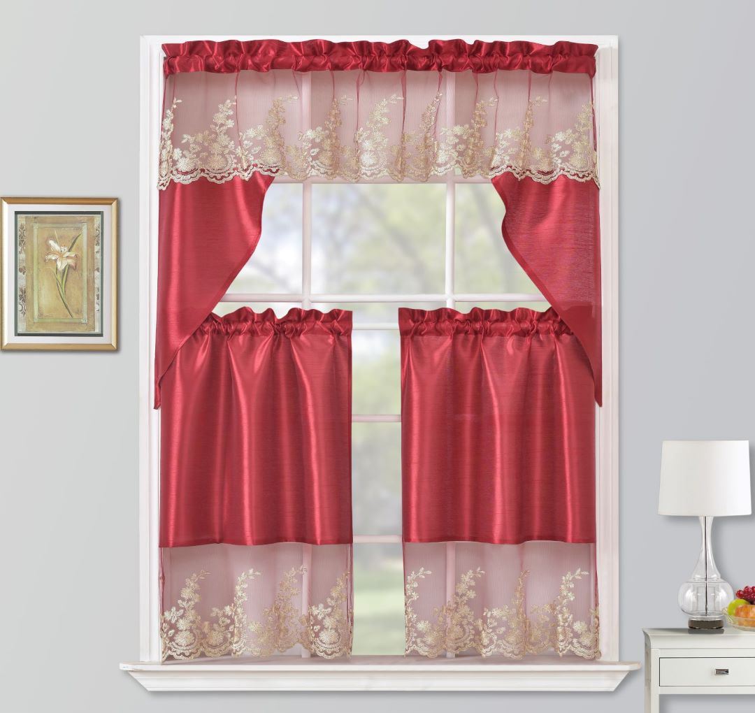 Bethany 3PC Kitchen Tier & Swag Set Red
