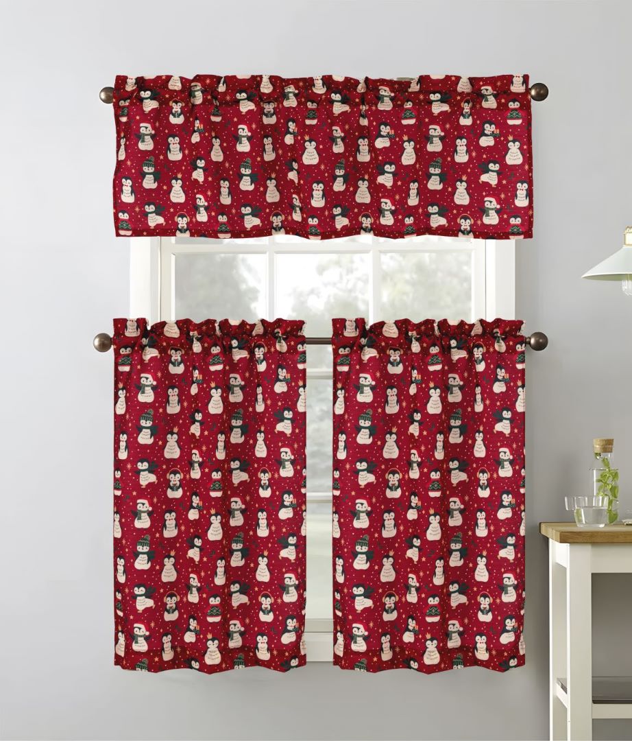Christmas Penguin Printed Kitchen Curtain