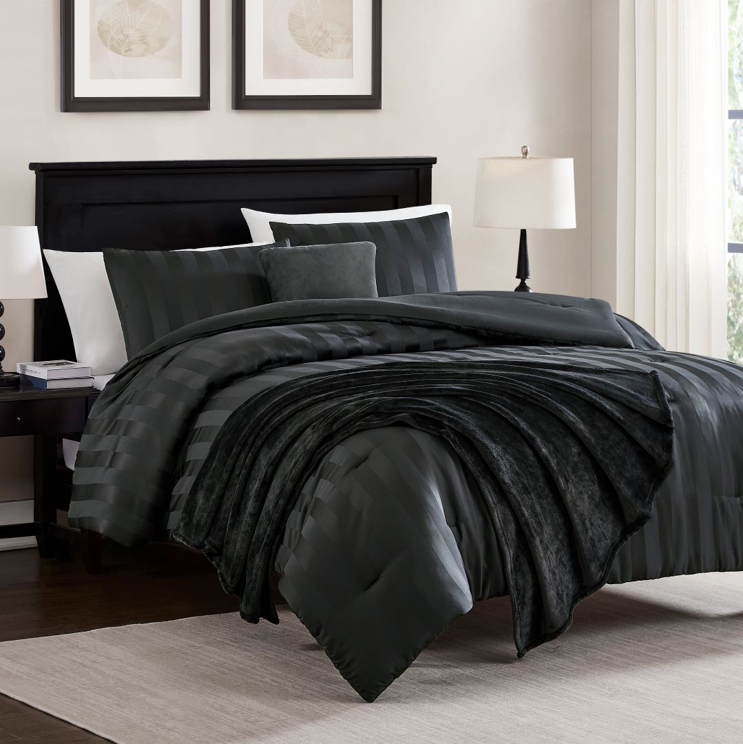 Hampton Satin Stripe 5pc Comforter W/Bonus Throw K Black